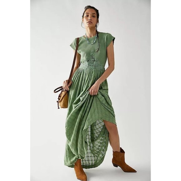 NWT FREE PEOPLE Sz L SERENITY MAXI DRESS RIBBED EMBROIDERED DRESS IN STILL POND - Picture 1 of 4